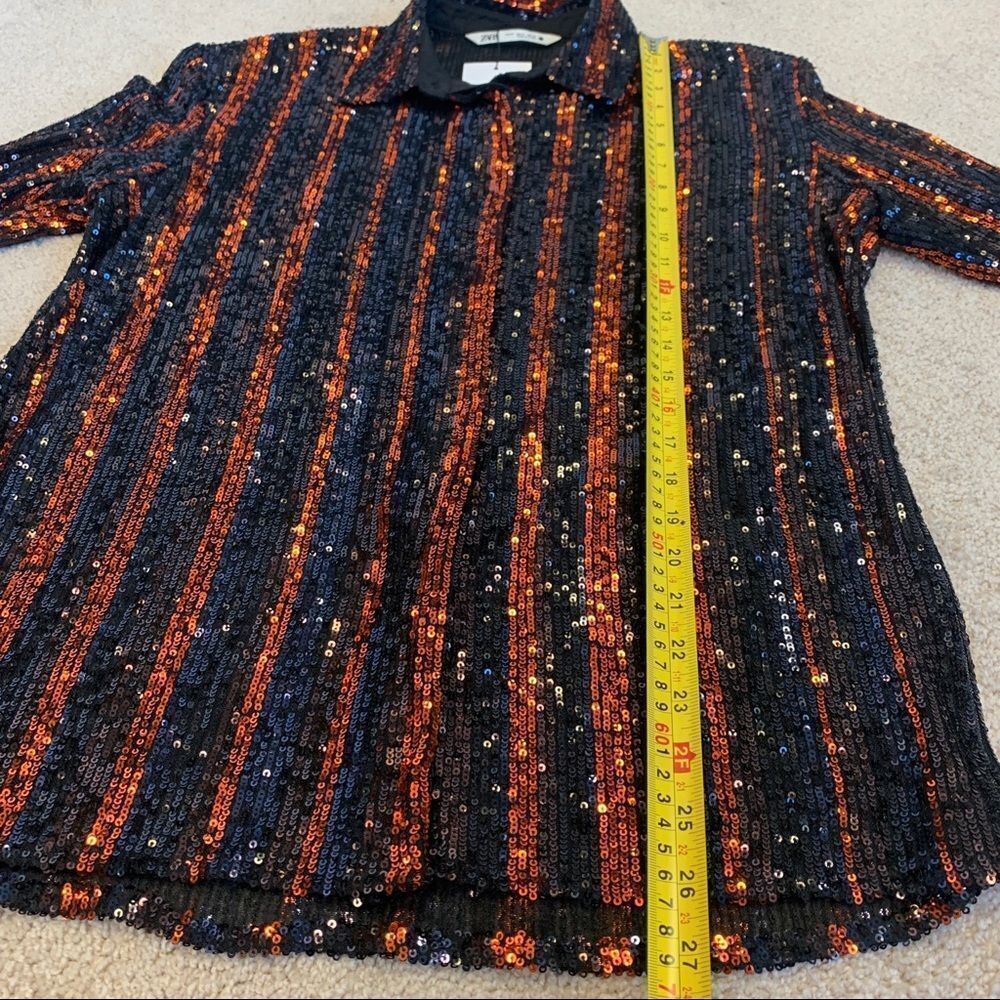 Zara black & burnt orange sequin pinstripe button-down shirt Sz M NWT - Picture 9 of 11